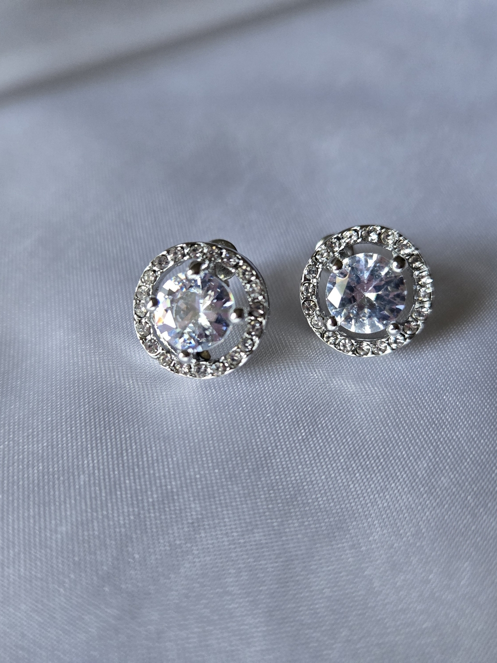 Large CZ Stone Round Halo Pierced Earrings - Picture 3 of 6